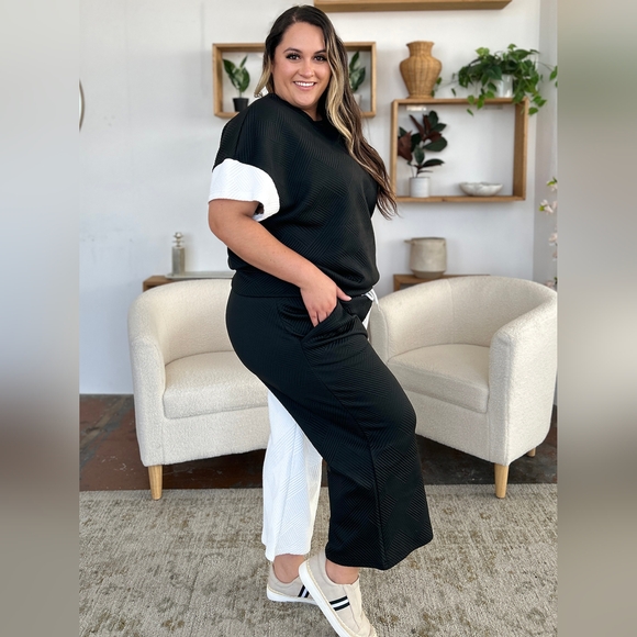 Double Take Full Size Texture Contrast T-Shirt and Wide Leg Pants Set - Picture 13 of 16